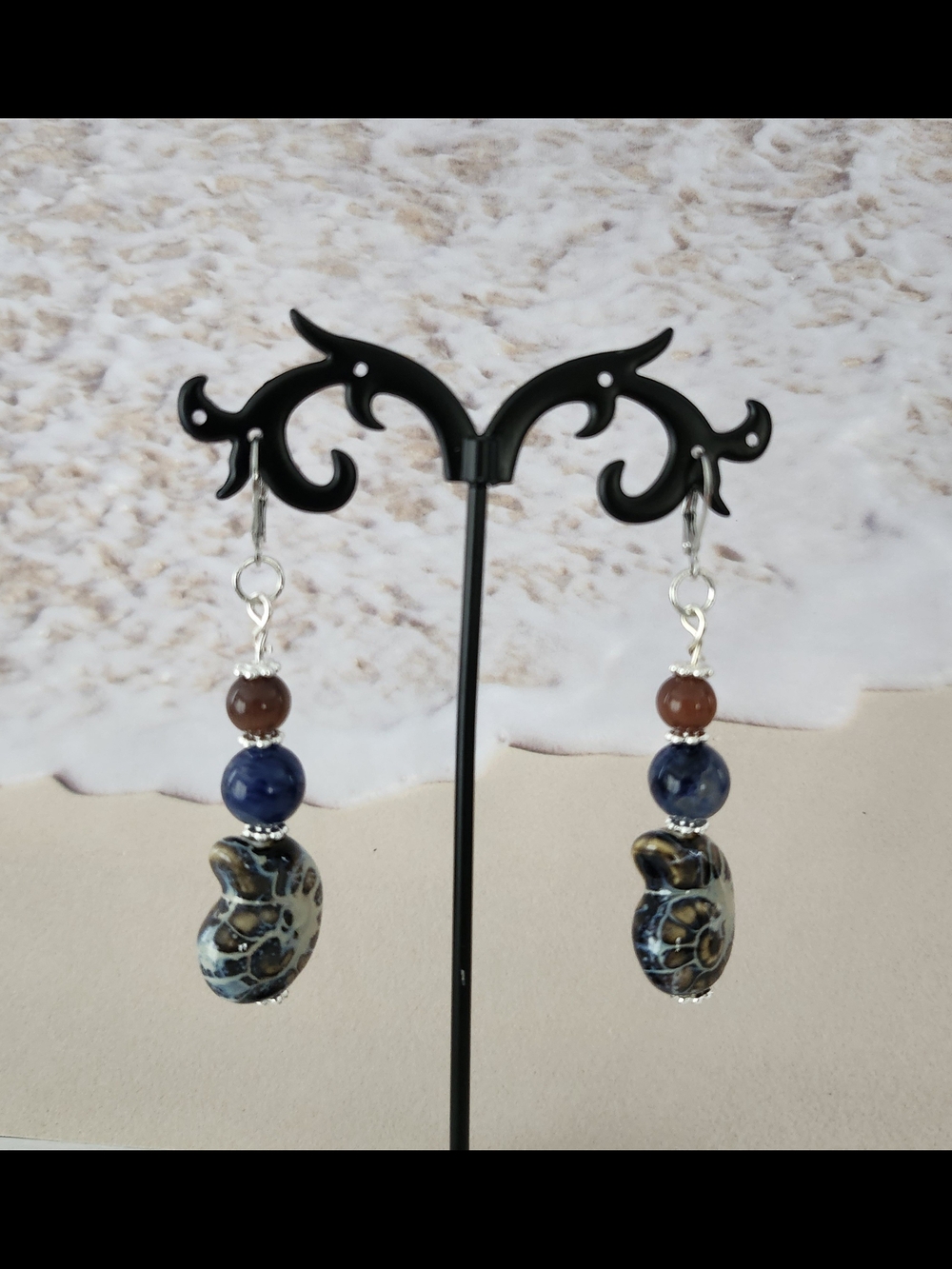 Shell Earrings Drop Glass Sodalite Stone Handcrafted
